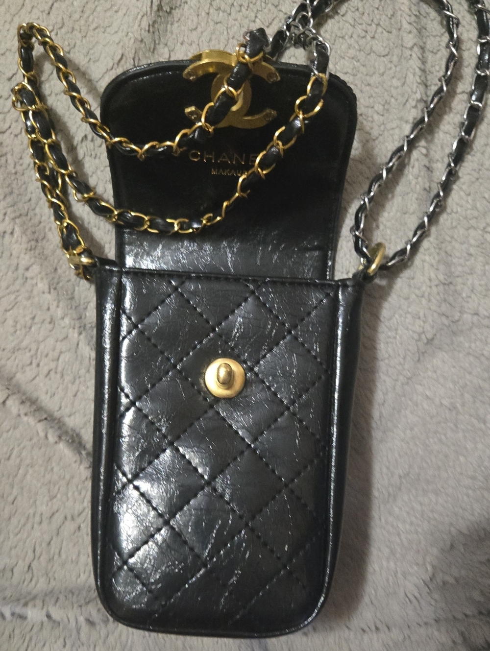 Black Quilted Leather Mini Chain Crossbody Phone Pouch with Gold Hardware